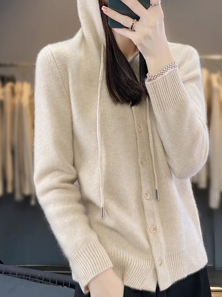 Fall Winter Merino Wool Cardigan women\'s Hooded Sweater Long Sleeve Knitted Outerwear Lady Clothes Knit Top Fashion Trend Casual