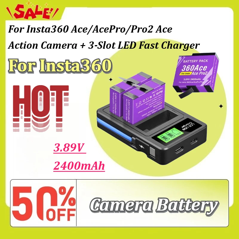 New 3.89V 2400mAh Camera Battery for Insta360 Ace/AcePro/Pro2 Ace Action Camera + 3-Slot LED Fast Charger Rechargeable Battery