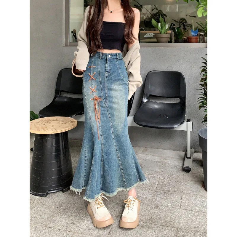 Retro Rough Edge Denim Skirt Women's Spring Niche Straps High Waist and Thin Medium and Long Hip-wrapped Fishtail Skirt