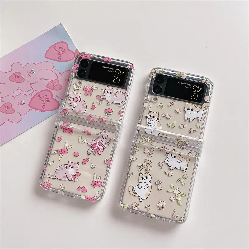 Linda flor gato transparente caso de telefone para samsung galaxy z flip6 4 3 capa dura para zflip5 zflip4 suporte escudo sólido