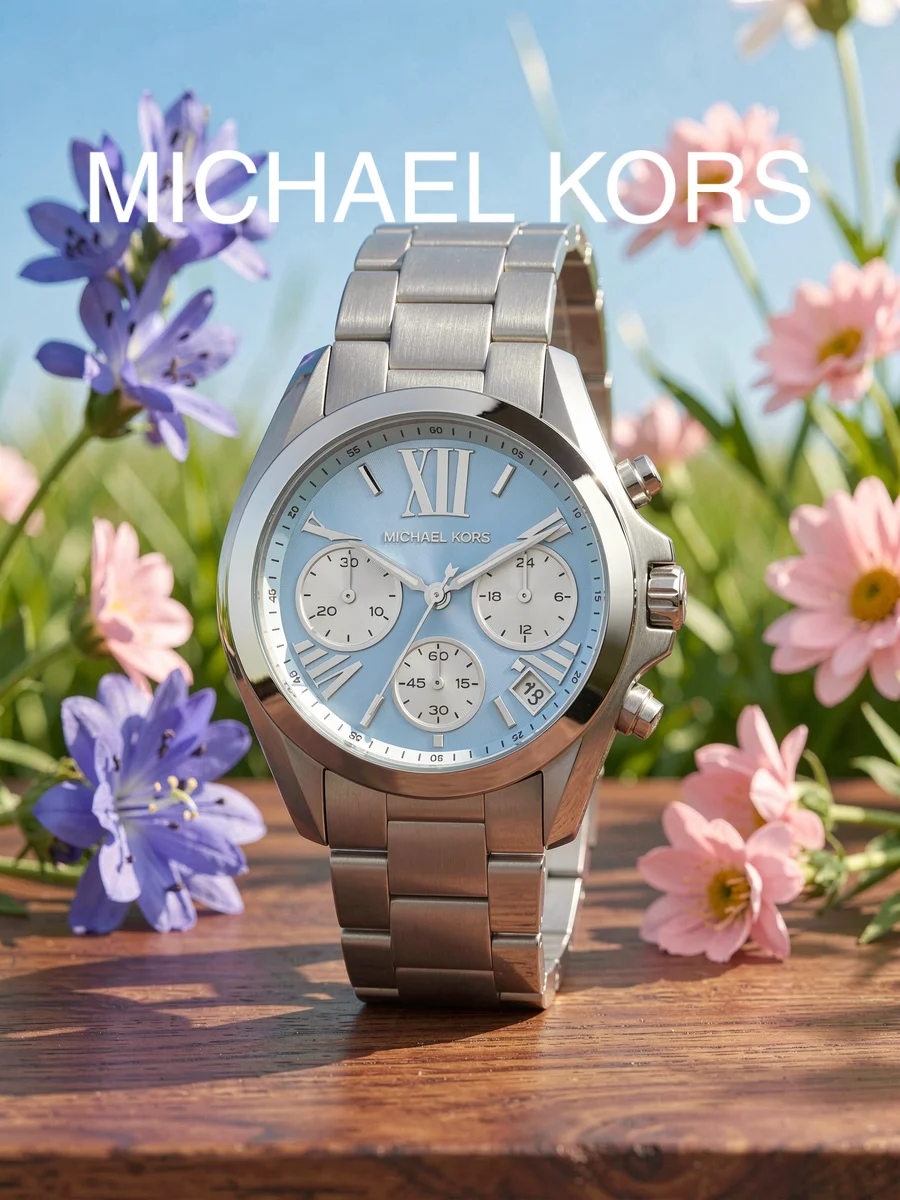 Michael Kors MK6098 Ladies Watch Silver Steel Bracelet Light Blue Dial Chronograph Wristwatch For Shopping trip Party gift