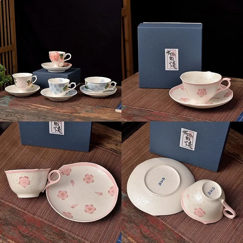 Japanese Arita Yaki Pearl Glaze Pink Sakura Coffee Cup Saucer Hydrangea Flower Relief Tea Cup Set Gift Box Porcelain Drinkware