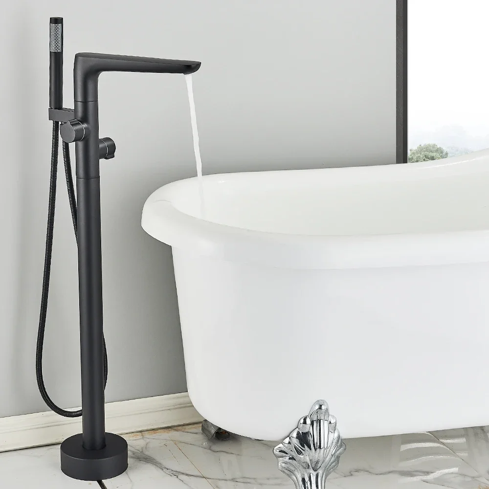 Black Floor Standing Faucet Hot Cold Water Shower Mixer Tap with Handheld Shower Freestanding Bathtub Faucet