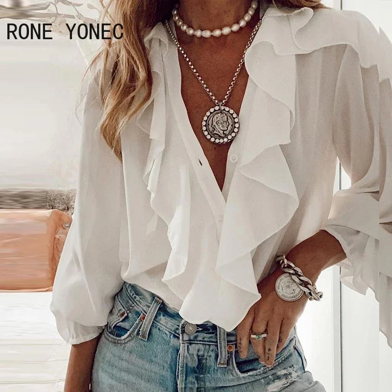 Women Chic Casual Chiffon Ruffle Hem Three Quarter Lantern Sleeve Sexy  Blouse Tops