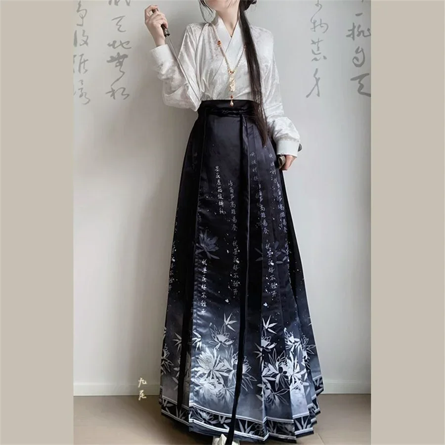 กระโปรง Hanfu ชุดสไตล์จีนกระโปรงสานสีทองหรือพิมพ์ลายหน้าม้าแบบชุดเดรสแบบจีนดั้งเดิม