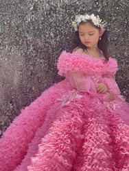 Vestido de luxo rosa flor menina, Appliqued, extra inchado, princesa, santa primeira comunhão, mangas compridas, festa de casamento