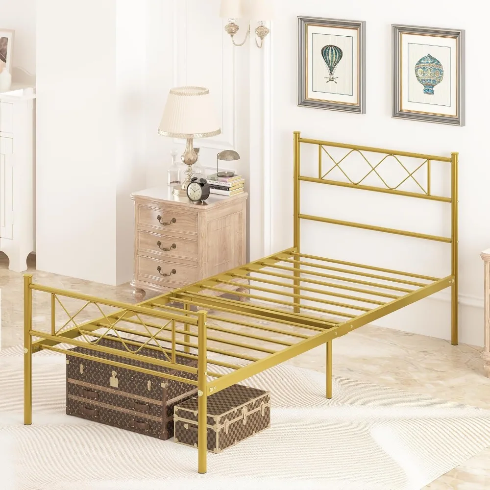 Weehom إطار سرير معدني مزدوج الحجم، مرتبة أساس/سرير منصة، شريحة فولاذية شديدة التحمل، أفضل للأطفال والكبار والطلاب باللون الذهبي