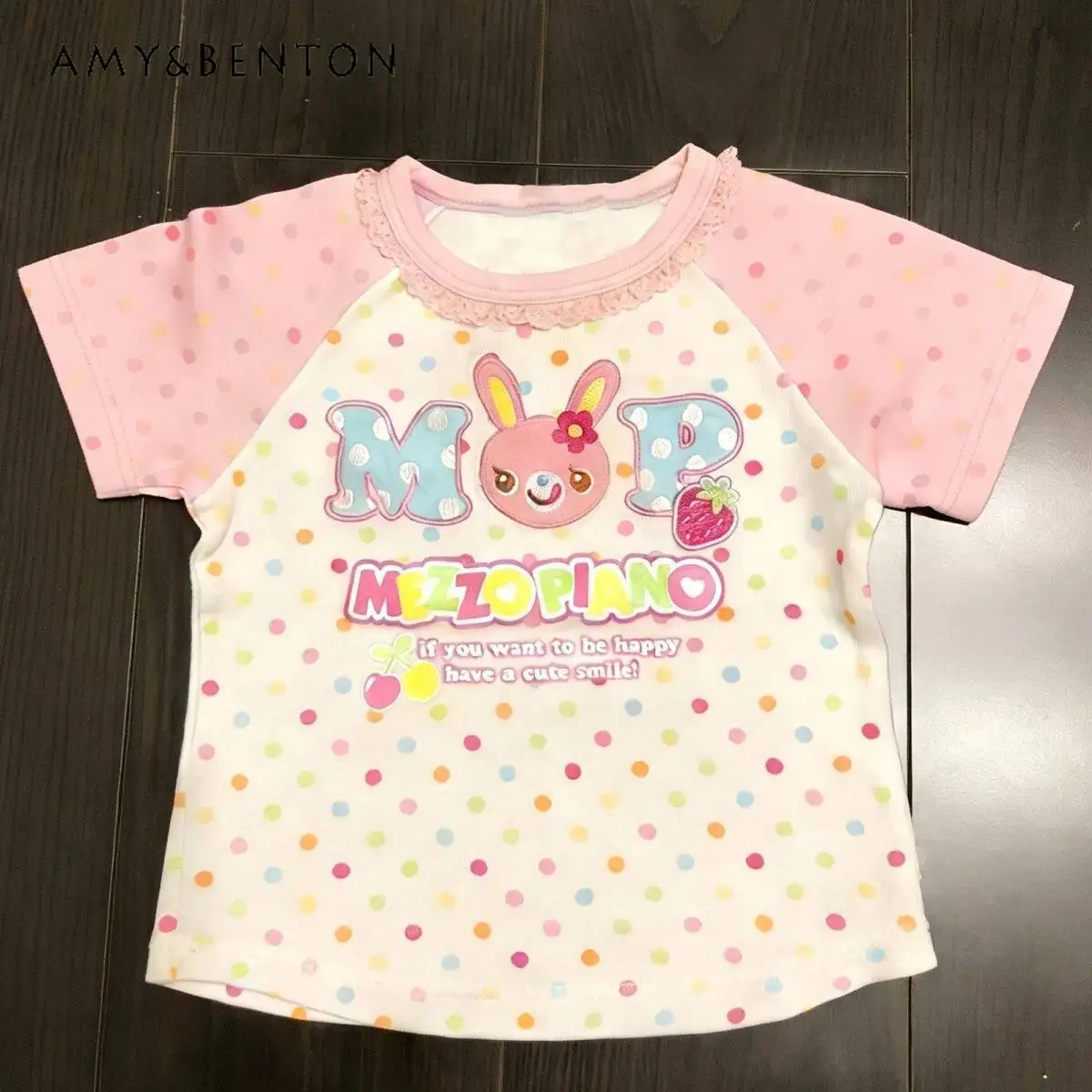 

Summer Japanese Sweet Girl T-shirt Pink Blue Cartoon Print Polka Dot Lace Trim Slim Casual Round Neck Short Sleeve Tops