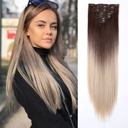 Długie proste doczepiane włosy syntetyczne treski włosy Clip In 24 Cal naturalne Ombre czarne platynowe kawałki włosy blond 7 sztuk/zestaw