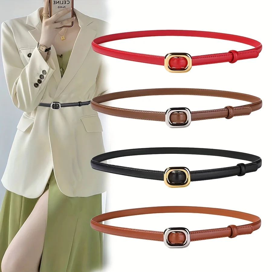 

Тонкий женский ремень из мягкой воловьей кожи — элегантный узкий пояс с золотой пряжкой, универсальное украшение с платьями, юбками, джинсами