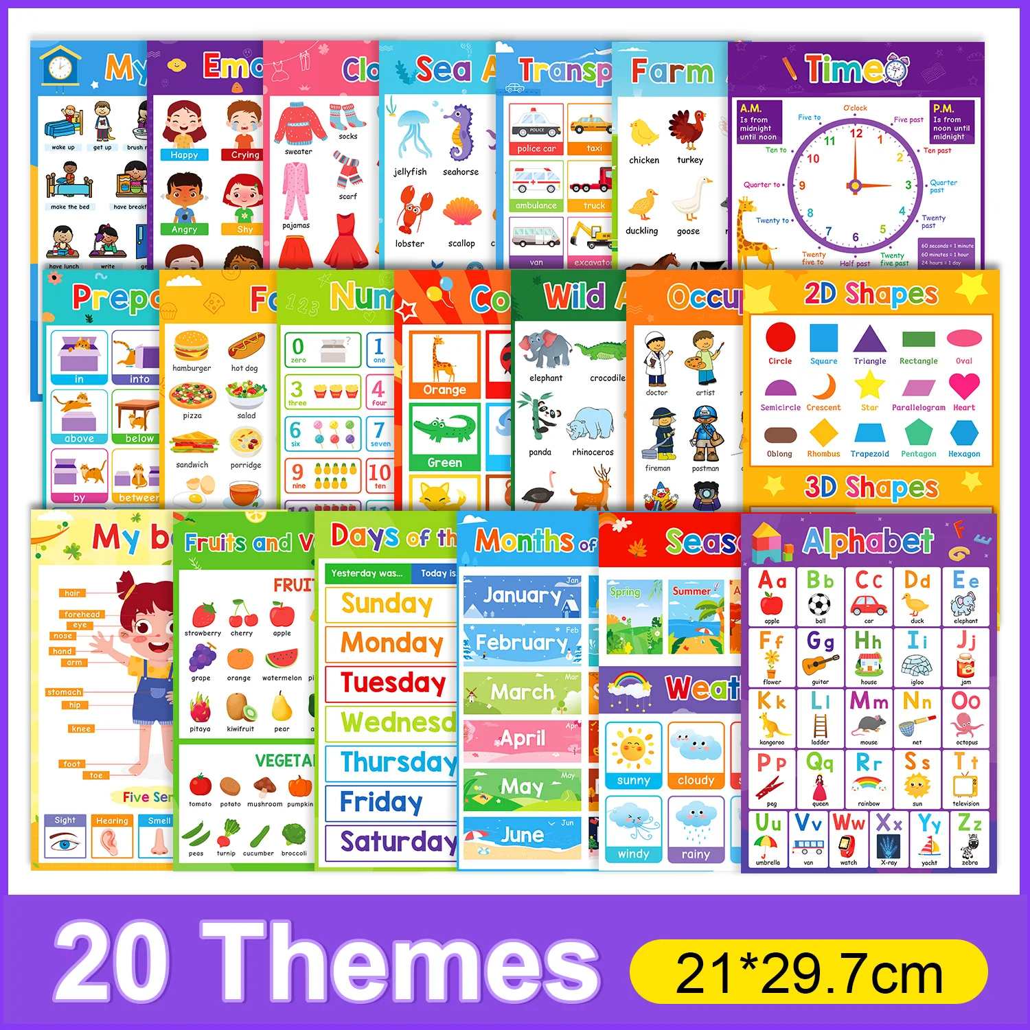 

Fruits Food Animals My Day body Emotions English words Learning School A4 Posters Charts kids Kindergarten Classroom Decoration