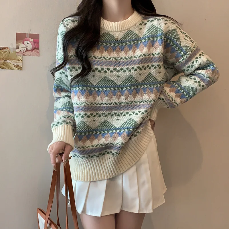 

​​Women 2025 Sweet Ethnic Print Soft Loose Knit Sweater Vintage Floral Pattern Cozy Fall Winter Cardigan Jacket Top​​