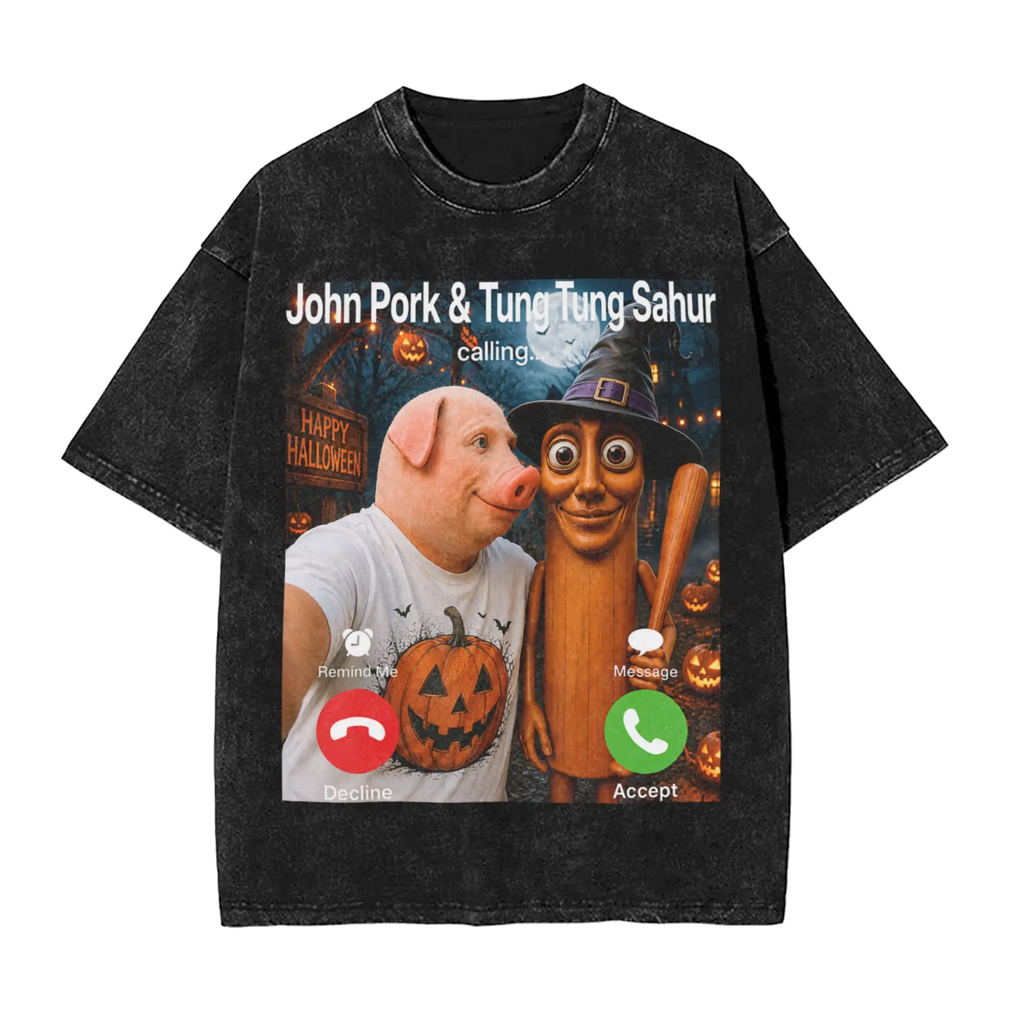Men's John Pork Tung Tung Sahur Calling Funny Halloween Brainrot T-Shirts Top Tees Summer Y2K Funny Short Sleeve T-Shirt