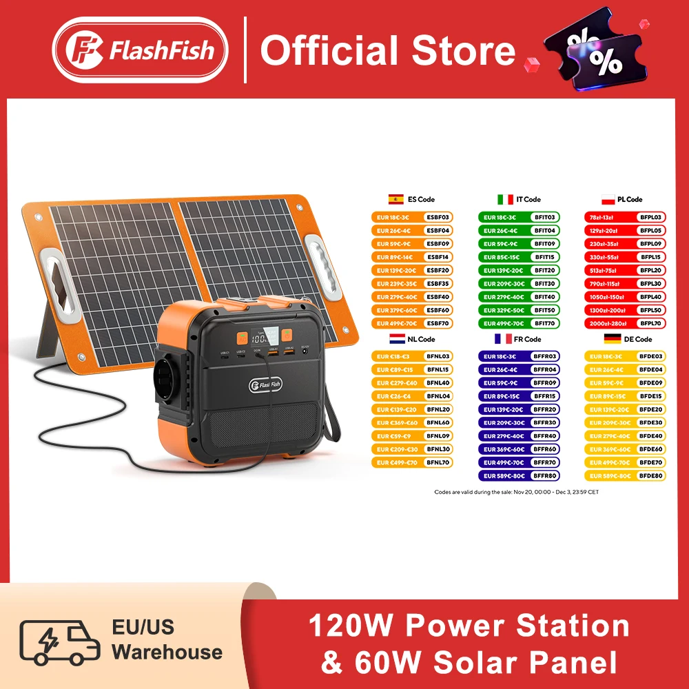 Ff Flashfish 230V Eu And Panel A101 230V Mini Estação De Energia Portátil 120W 97.68Wh Com Painel Solar 60W Bateria Gerador Solar Power Bank Por Avião