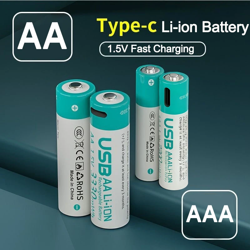 Type-C Fast Charging 1.5V AA AAA Lithium Battery 3330mWh Large Capacity Rechargeable Cell for Remote Mouse Camera Electronic Toy