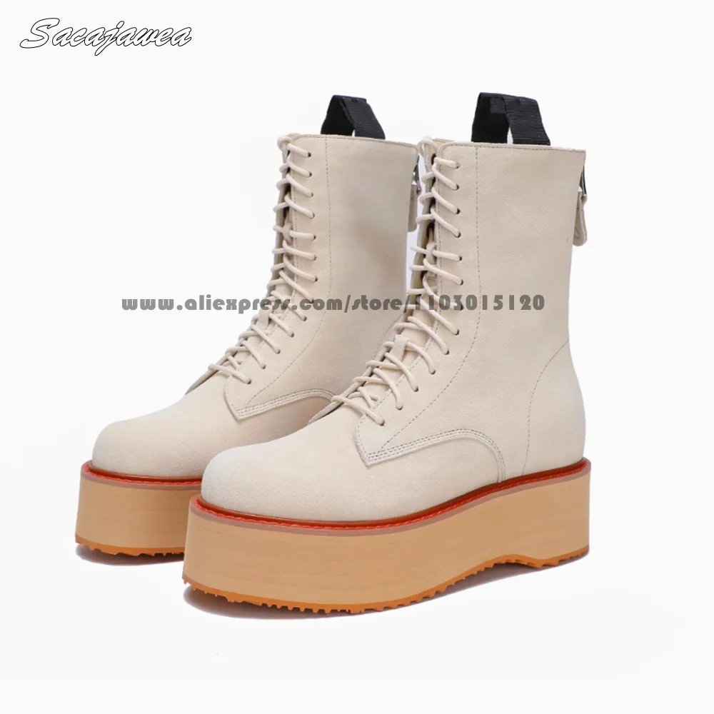 

Cowhide Classic Thick Sole Platform Front Lace Up Modren Boots Autumn New Size 35-40 Casual Boots Round Toe Back Zipper Boots