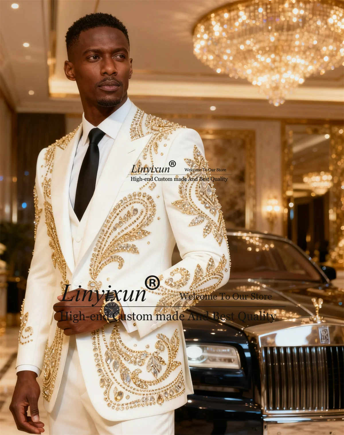 

Sparkly Embroidered Beaded Tuxedos Men Suits 3 Pieces Sets Wedding Groom Tuxedos Slim Customized Male Prom Blazers Ropa Hombre