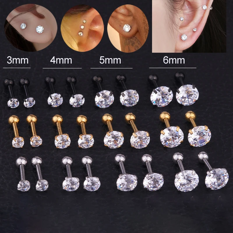 1 pc size 3/4/5/6/7/8mm Medical Stainless Steel Stud Earrings For Women Men Zircon Ear 4 Prong Tragus Cartilage Piercing Jewelry