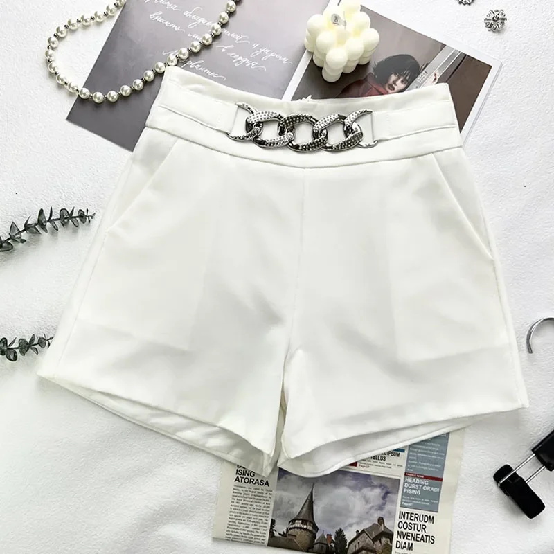 2023 New rhinestone Spring Autumn Women Shorts High Waist Solid Color Office Lady Short-Pants Female Fashion Zipper Up Buttom