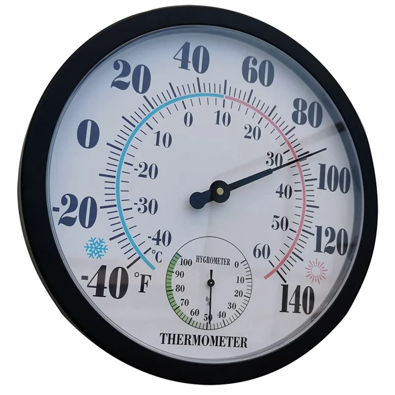 AS95-2X ميزان حرارة داخلي وخارجي حديقة جدار فناء ميزان حرارة الطقس الرطوبة، عدد كبير 10 في القطر (أسود)