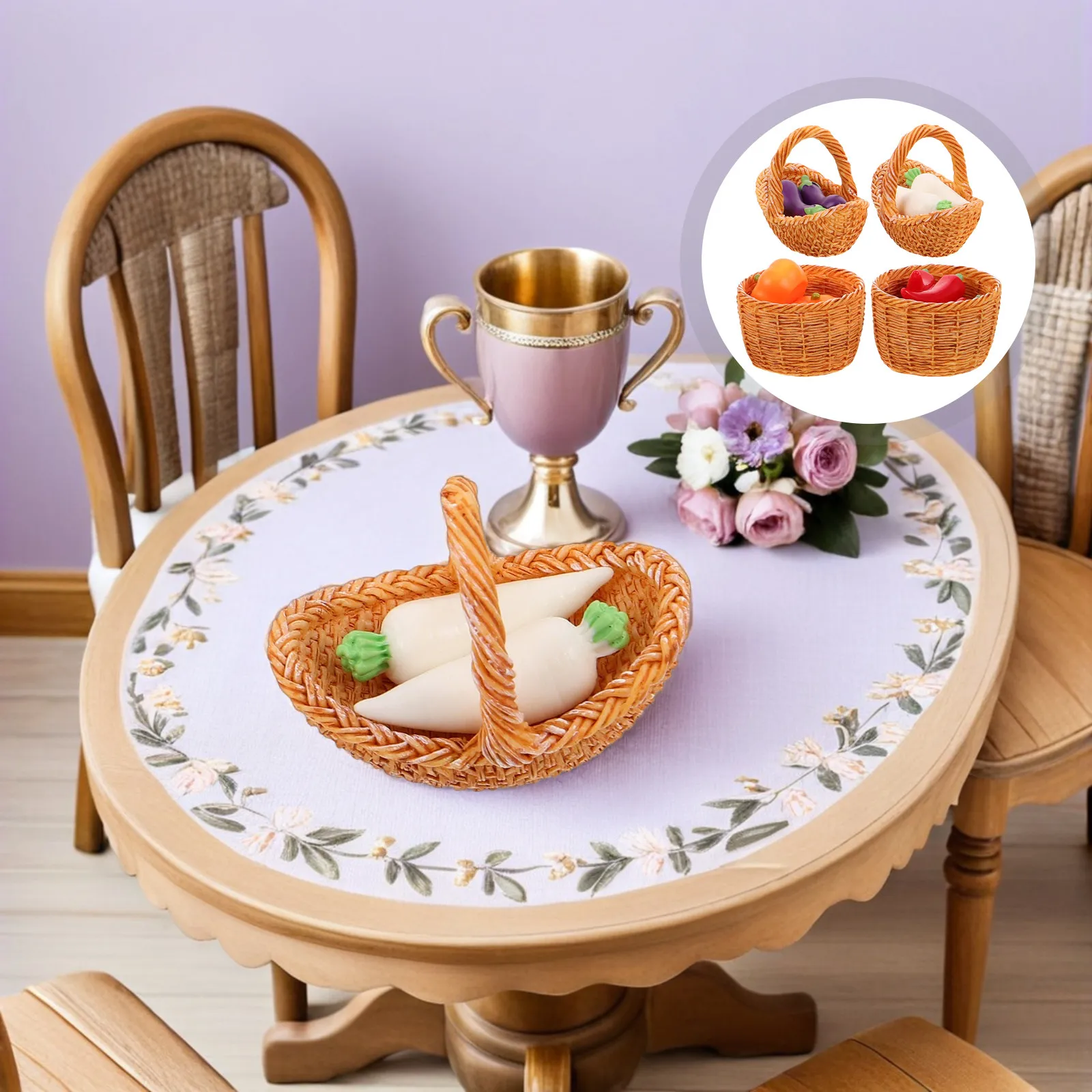 

1Set Miniature Vegetable Basket Set with Tiny Pumpkin Eggplant Radish and Bell Pepper for Realistic Dollhouse Market Scene