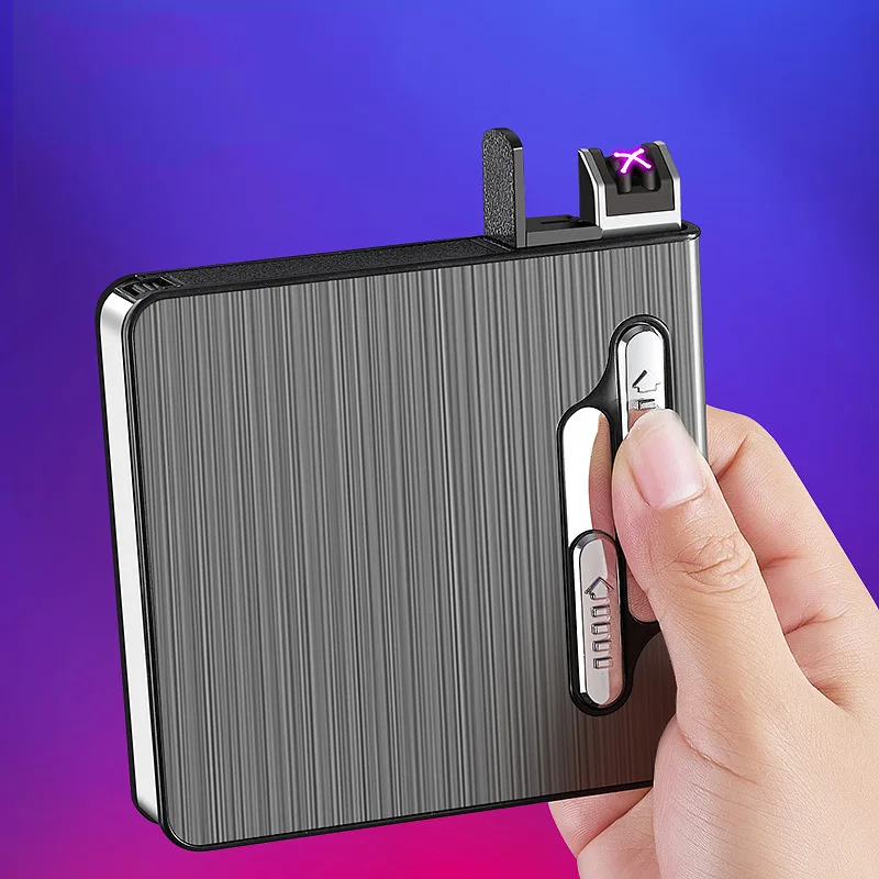 

New Outdoor Windproof Plasma USB Pulse Flameless Double Arc Lighter Portable Metal Cigarette Box Electric Lighter Men's Gift