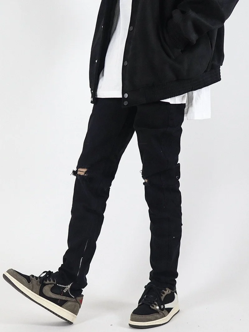 High Street Pants Zipper Straight Black Ripped Jeans Men Korean Fashion Full Length Denim Trousers Pantalones Vaqueros Hombre