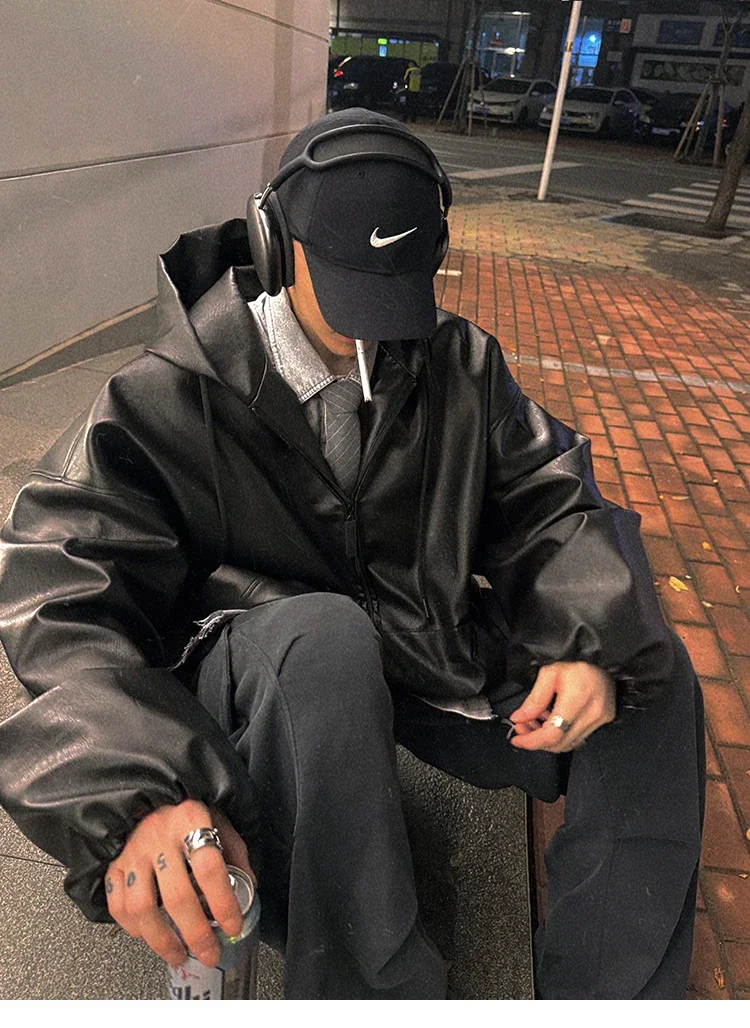 Frühling Herbst Kurze Übergroße Schwarze Weiche PU-Lederjacke für Männer mit Kapuze Reißverschluss Locker Lässig Koreanische Modekleidung – Detail 27