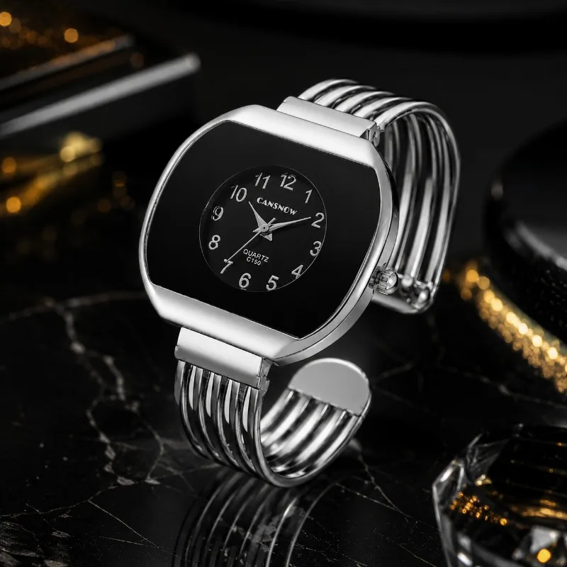 CANSNOW Fashion Open Cuff Women's Bracelet Watches Hollow Metal Bangle Quartz Watches Luxury Dress Lady Wrist Clock Reloj Mujer