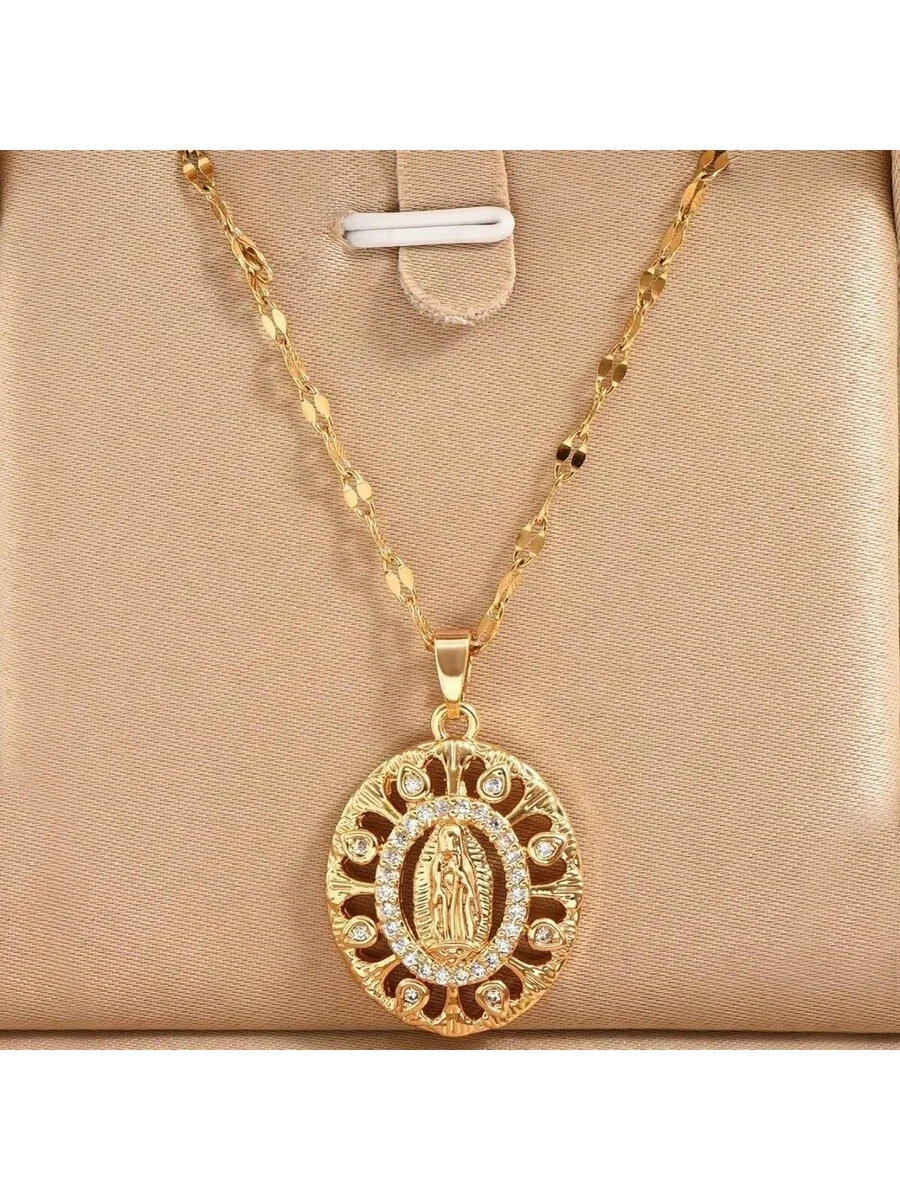 

Stainless Steel Chain Pendant With Cubic Zirconia Mary Design Vintage Unisex Necklace For Adults