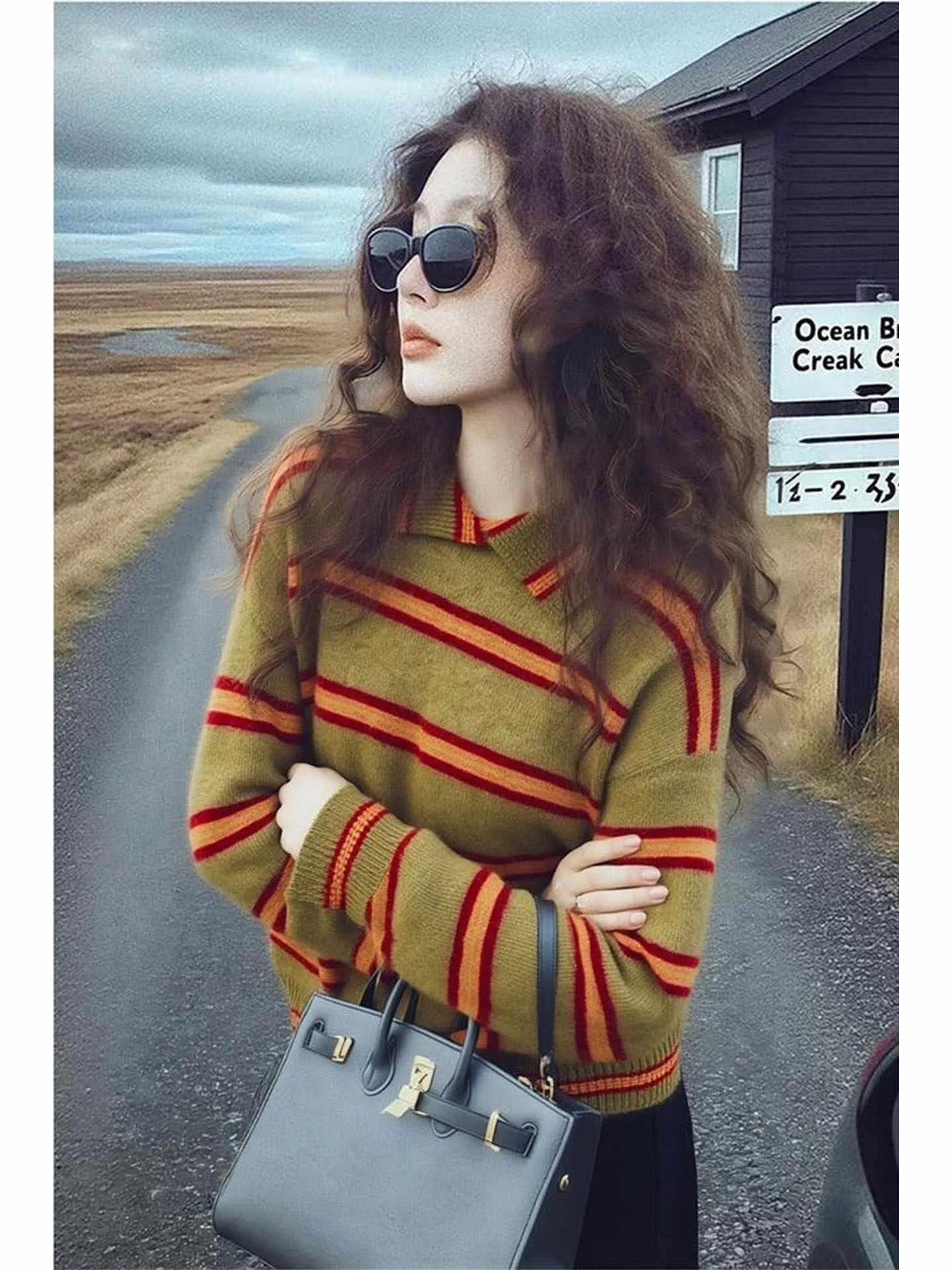 

Зимний корейский вязаный топ в ленивую полоску с воротником-стойкой, повседневный свободный крой, длинная женская модная одежда с защитой от ультрафиолета