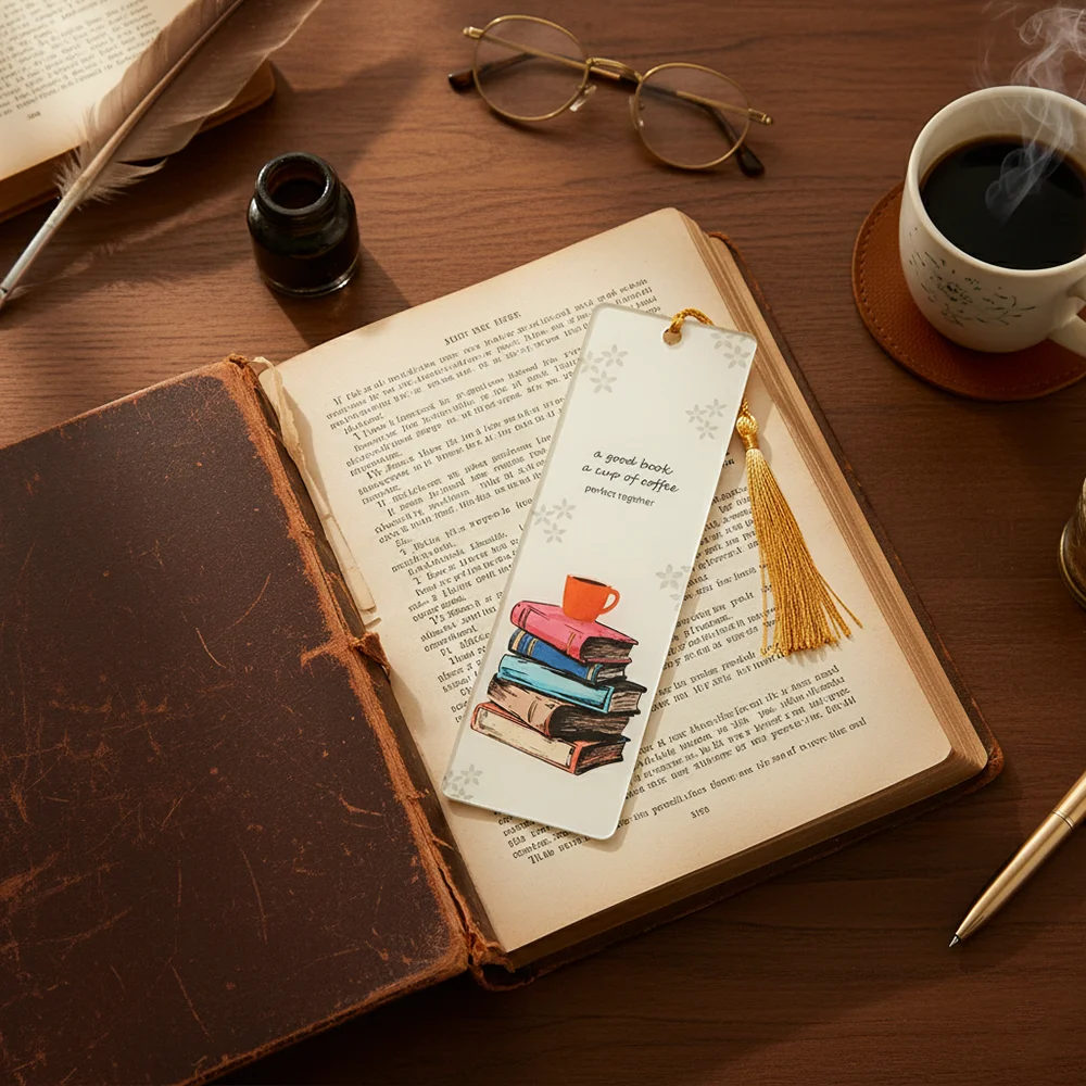 إشارات مرجعية لطيفة للكتاب والقهوة من الأكريليك، هدايا قراءة إبداعية لطلاب عشاق الكتب - علامات صفحة مزخرفة قرطاسية