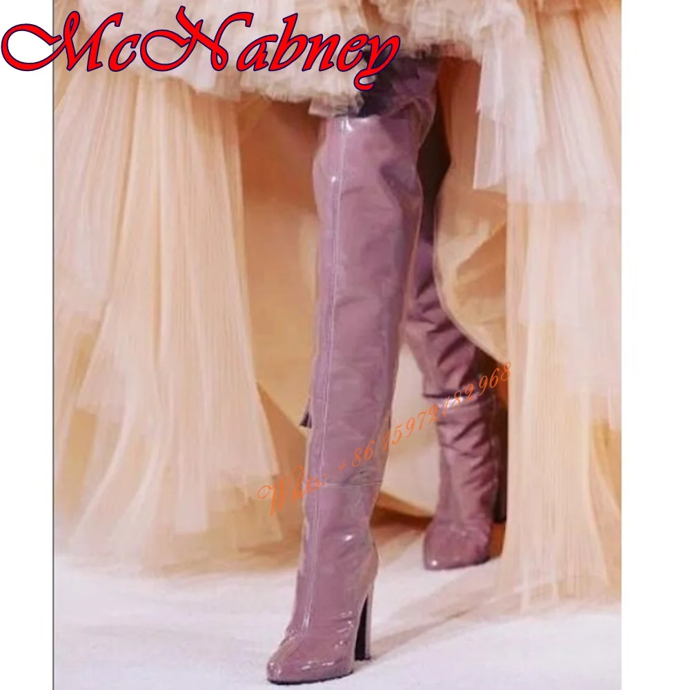 New Lavender Patent Boots Pointed Toe Solid Chunky High Heels Over The Knee Women Shoes Back Zipper Autumn Party Dress Boots