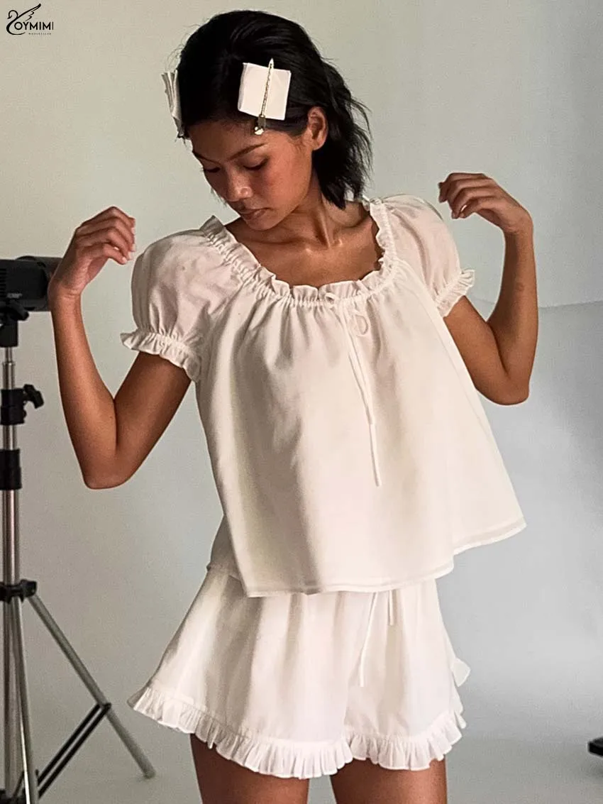 

Oymimi Fashion White Women' S Clothes 2 Piece Sets Elegant Ruffled Short Sleeve Lace-Up Blouses And Drawstring Shorts Female Set