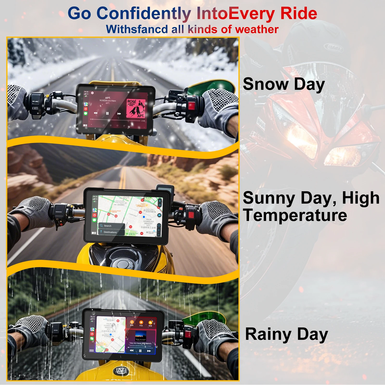 7.0 polegada sem fio carplay moto android auto portátil tela de navegação da motocicleta monitor gps à prova dwaterproof água