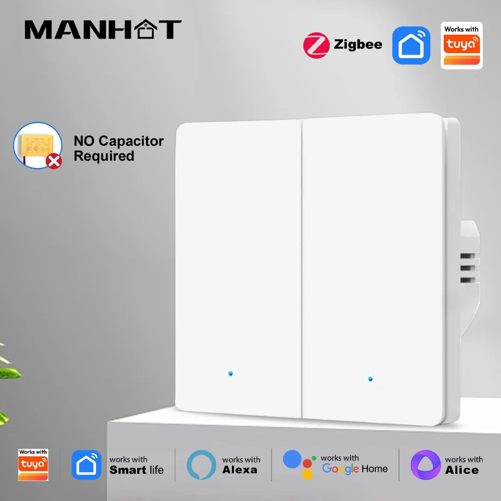 Manhot Zigbee EU Smart Light Switch No Capacitor Required 1-4 Gang Push Button Wall Switch Work with Tuya Smart Life app Alexa