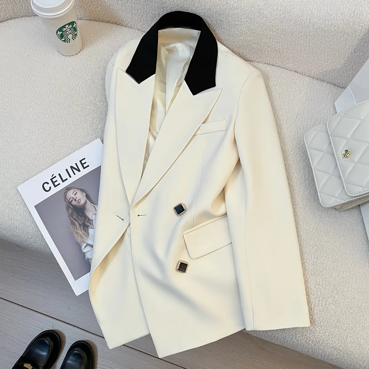 Women's Blazer Jacket Autumn Coat Lapel Style Splicing Ladies Suit Loose Korean Version Versatile Female Coat Outerwear Mujer