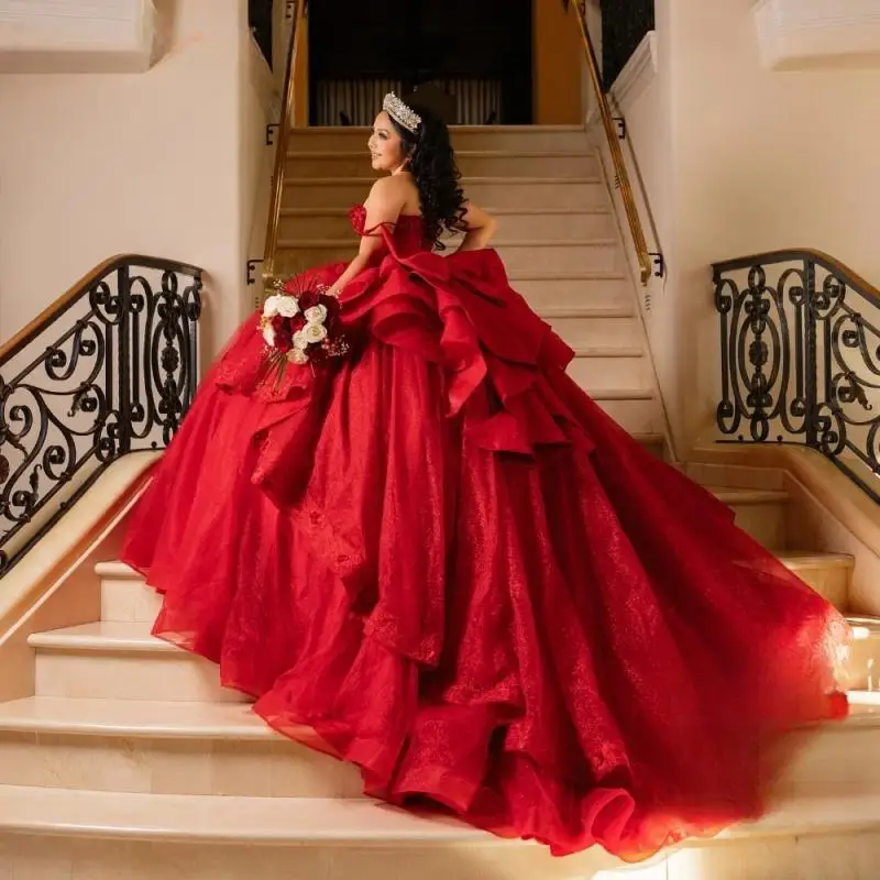 

Красное платье принцессы для Quinceanera, бальное платье, блестящий кружевной корсет с аппликацией, милый корсет 16, платье для 15 лет