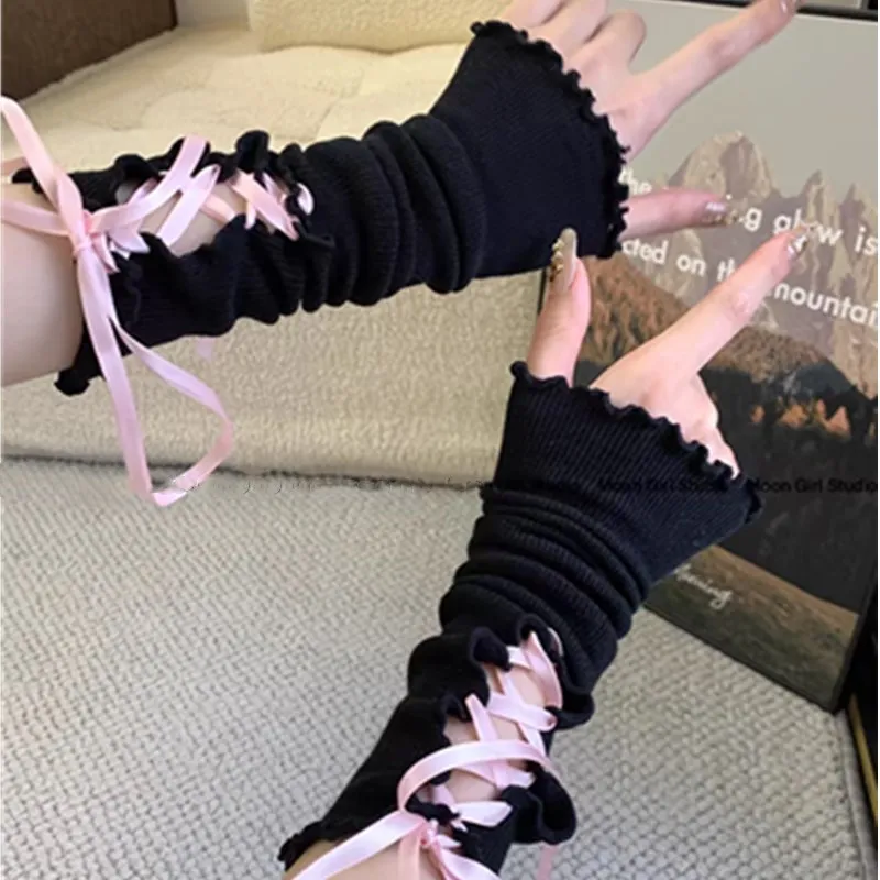 Lolita Handschuhe Ballett weiße Spitze Ärmel Frauen dünne Sommer Sonnencreme würzige y2k Mädchen Riemen Handschuhe für JK Mädchen Mesh Punk Handschuhe