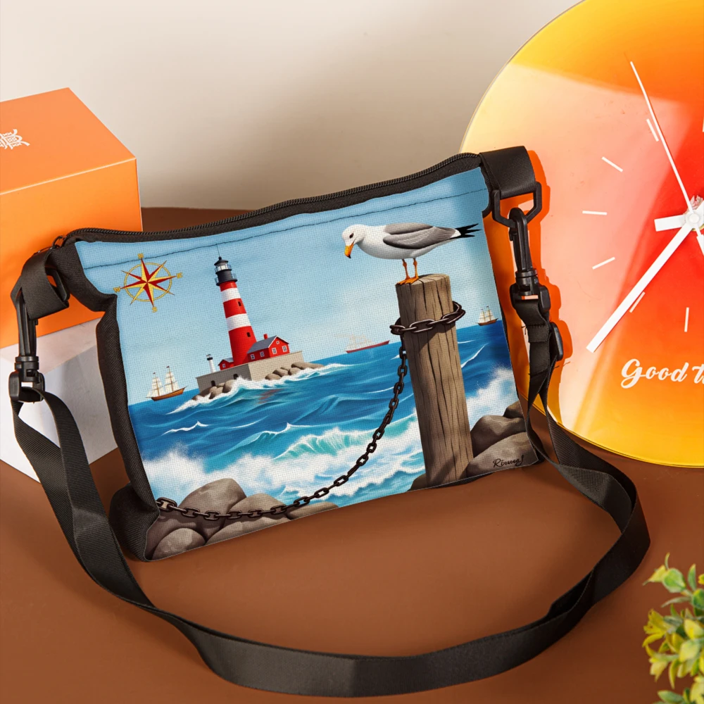 1pc Nautical Theme Crossbody Bag Blue Lighthouse And Seagull Print Shoulder Bags For Beach Travel Outdoor Activities With Adjust