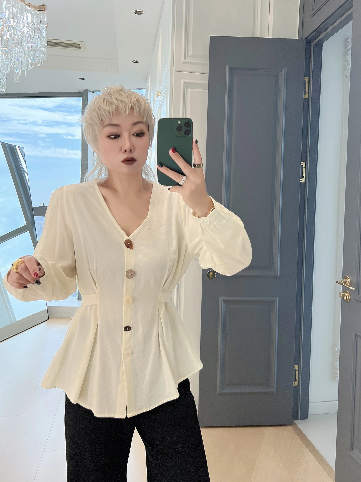 

Женский длинный топ размера плюс Sve irt V-Ne, закрывающий талию, подчеркивающий мясо, скрывающий французский слэ, свободный крой, осенний ильт