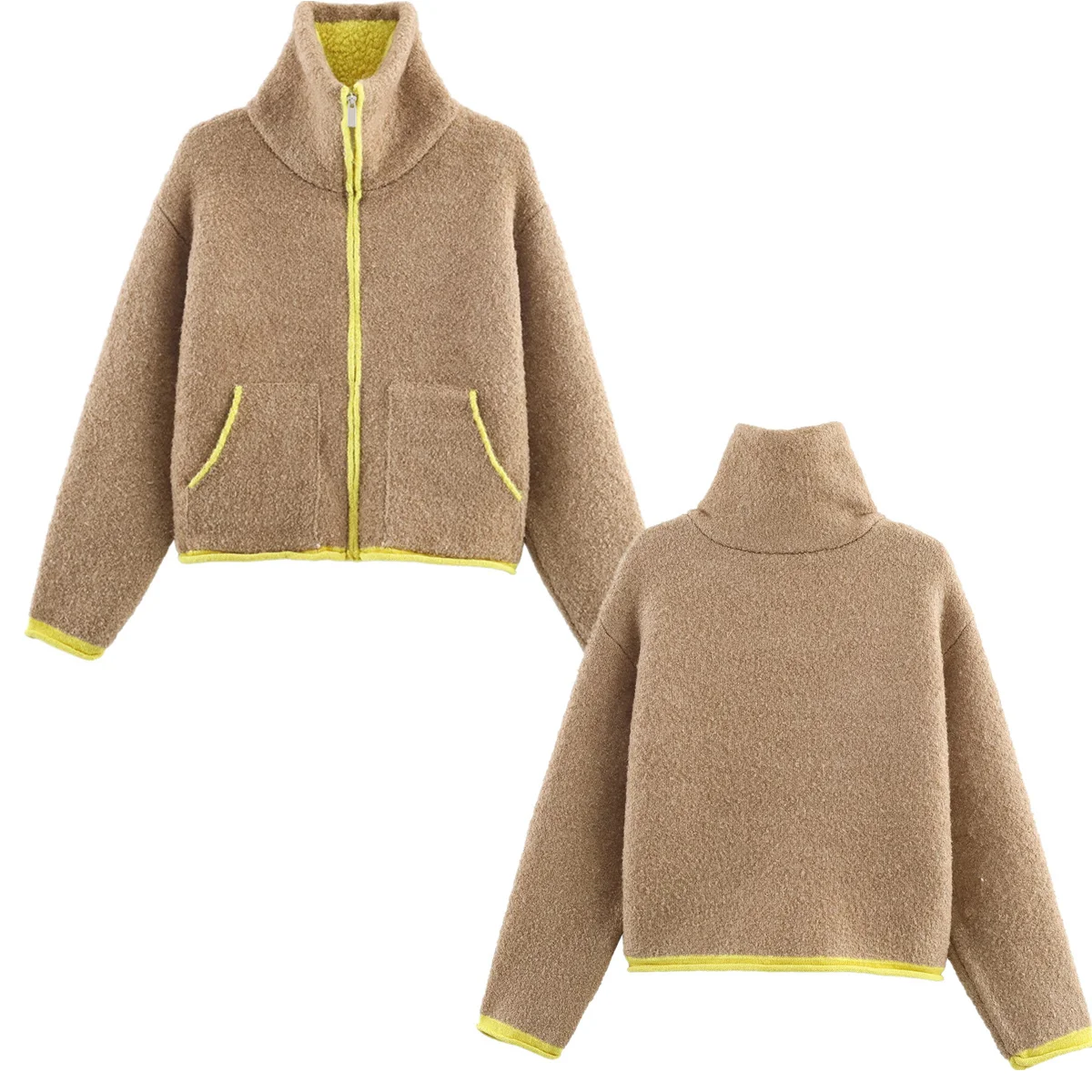 

Jenny&Dave High Street Women's Jacket Woman Clothes Tops Khaki And Yellow Patchwork Casual Zippers Bomber Jacket Knitwear Sweate