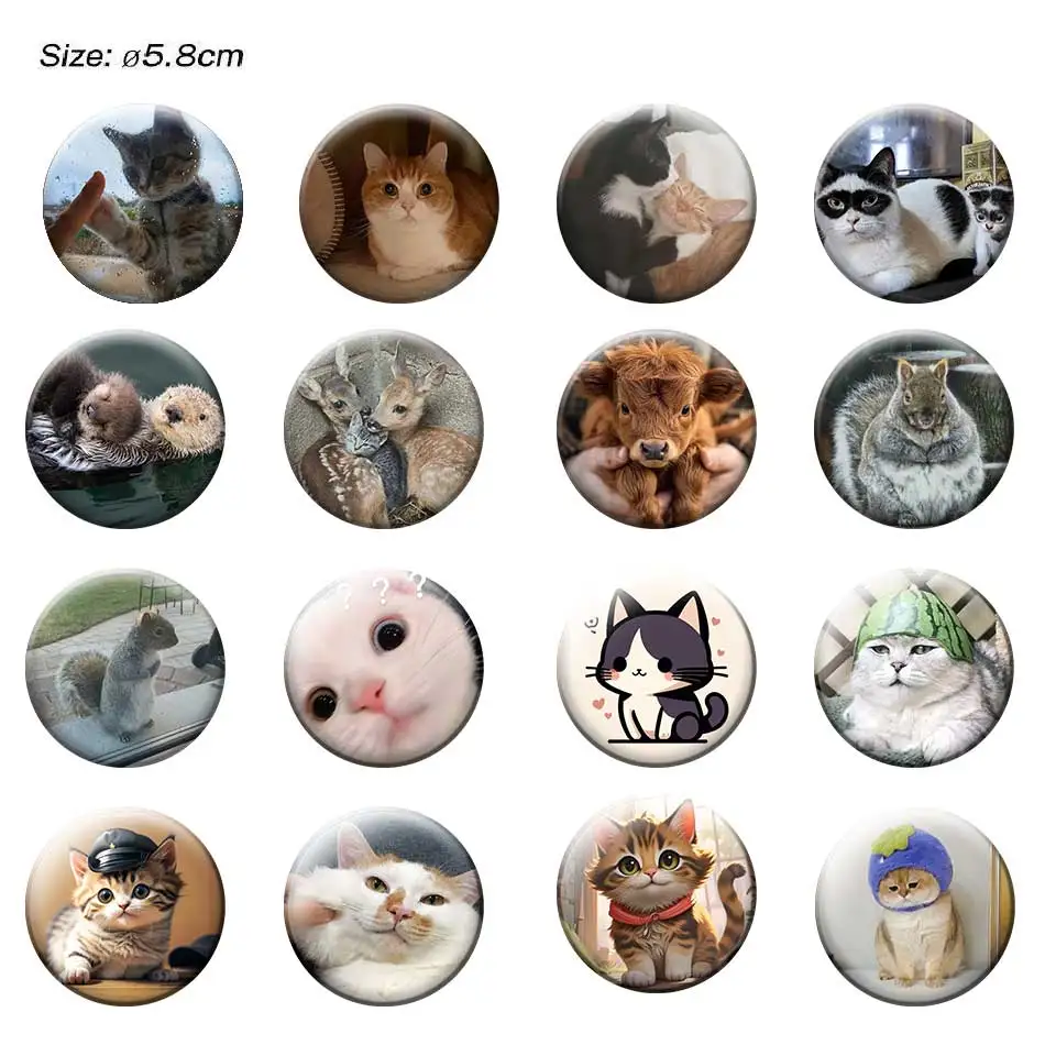 58mm Funny Cat Memes Pins Cute Round Snap-in Button Brooch Metal Cartoon Accessories Enamel Badge Friend Jewelry Gifts
