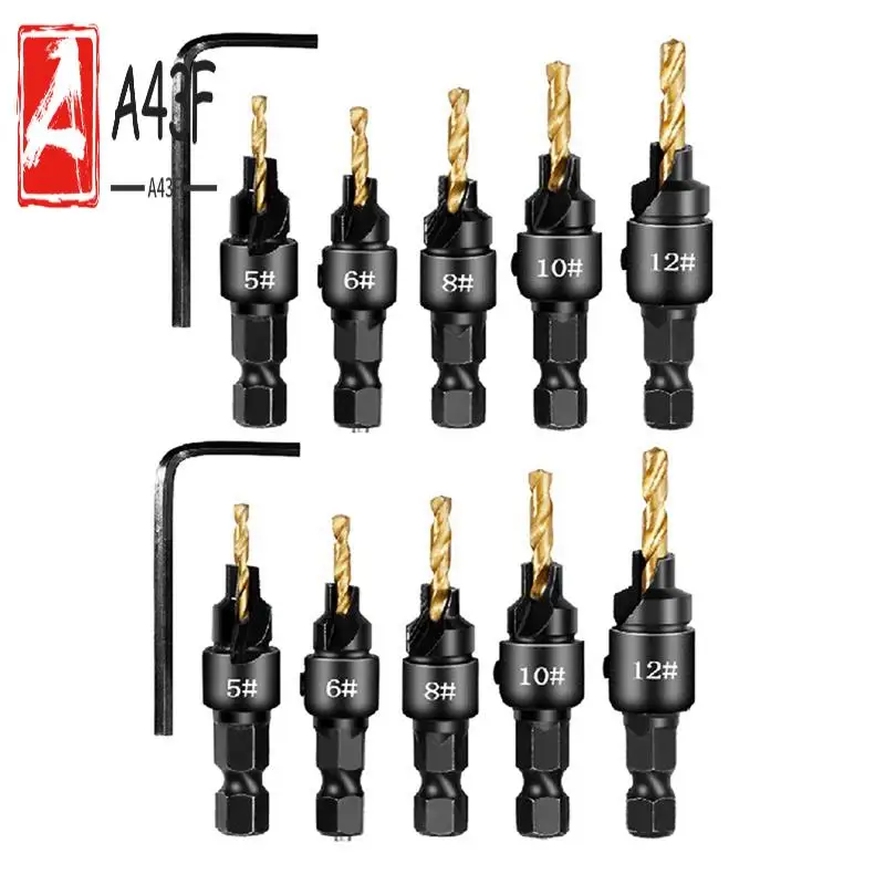 

A43F-2 Setsx5pcs Countersunk Drill Hexagonal Handle Steel Hole Opener Set Wood Taper Hole Integrated Drill Bit