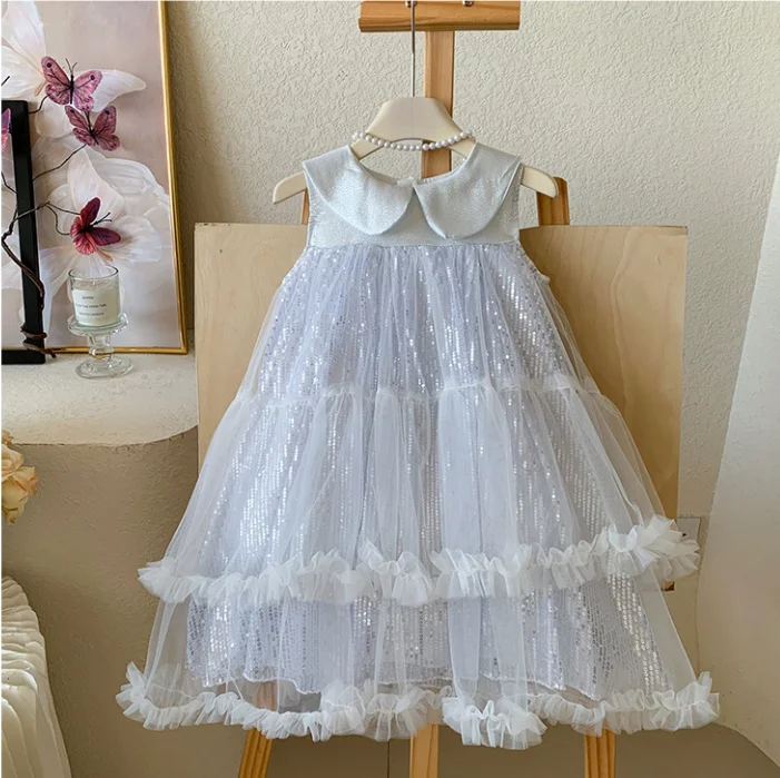 New Baby Summer Girls Boutique Sequined Mesh Back Bow Dress, Princess Kids Sweet Party Flower Dress  4-8 T