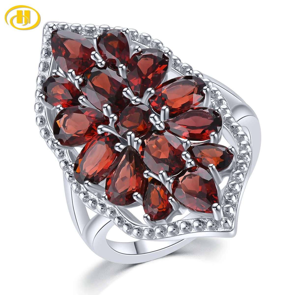Natural Garnet Silver S925 Rhodium Plated Rings 6.8 Carats Genuine Gemstone Gorgerous Unique Design Style Anniversary