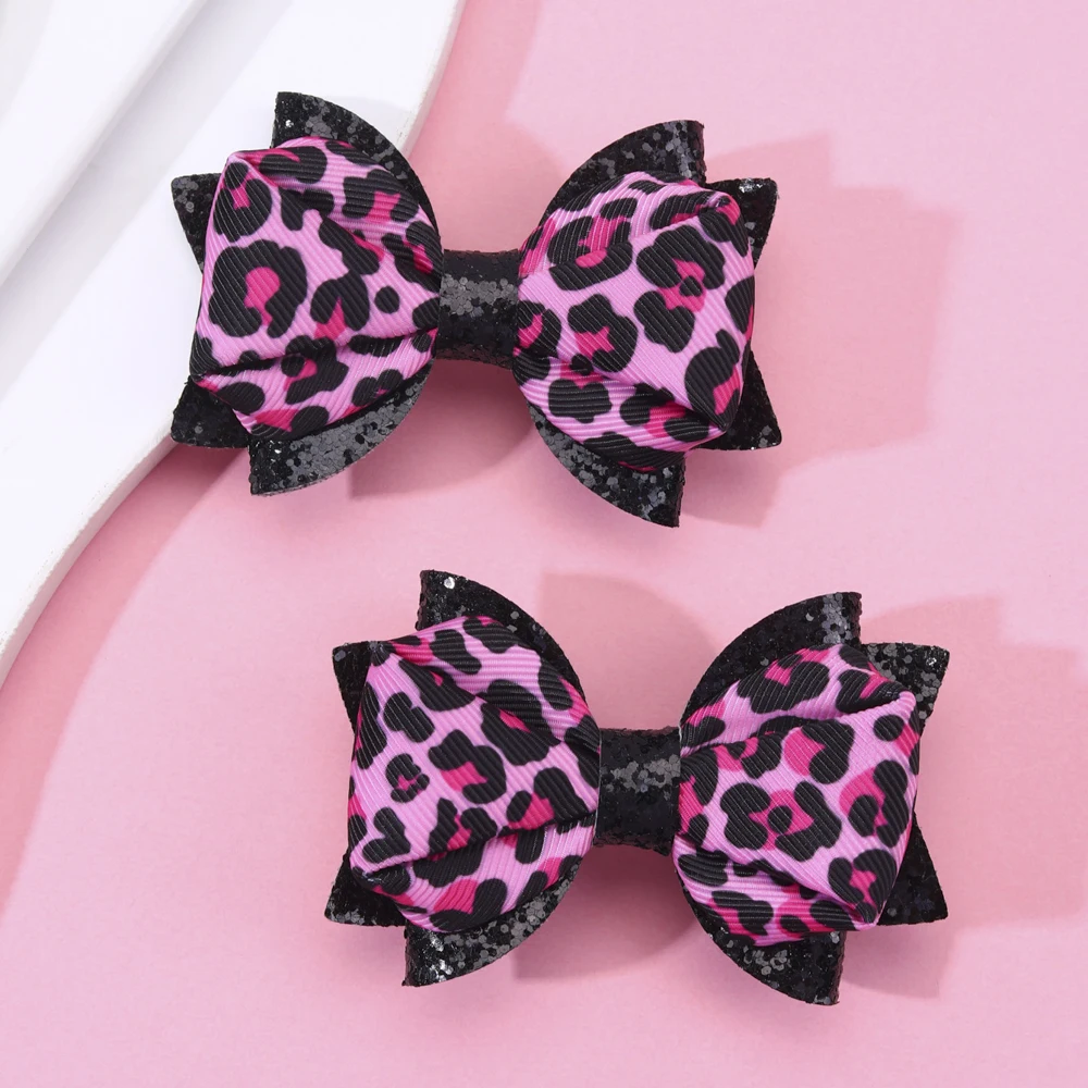 2pcs Leopard Print Pattern Bow Hair Clips for Little Girls Glitter Hair Bow Clips Sweet Hair Accessories for Little Girls