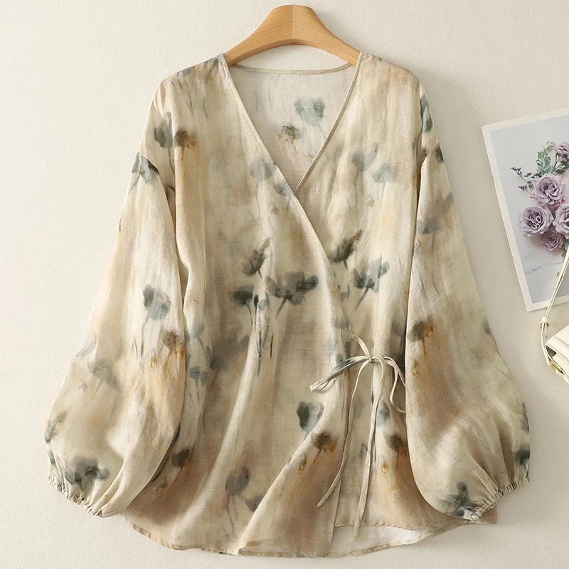 

Vintage Ethnic Floral Boho Style Wrap Shirts Cardigan V-neck Tie-Front Cotton Linen Tops Long Sleeve Summer Sun Protect Cover Up