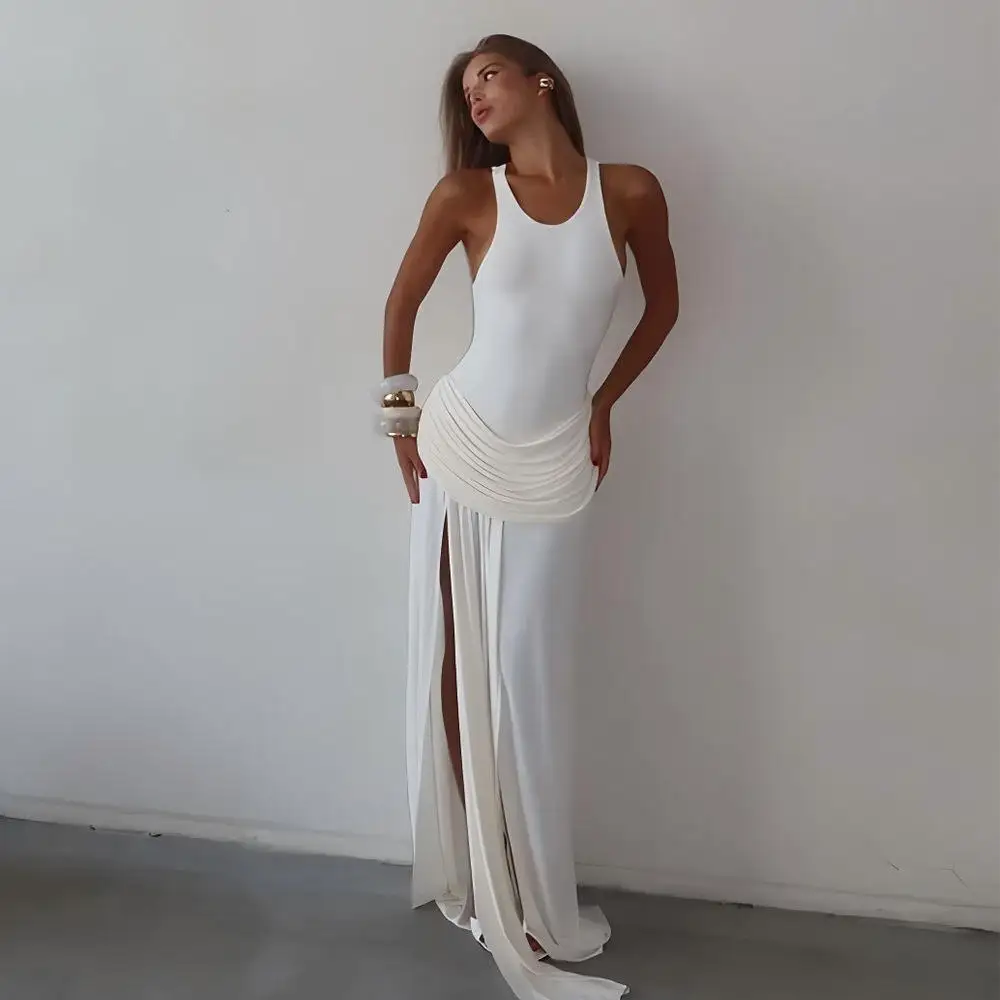 Ele Slit Summer Dr Sexy Svel Długa Spódnica do Ziemi z Okrągłym Dekoltem, Jednolita, z Wysokim Stanem, Asymetryczna Spódnica dla Kobiet