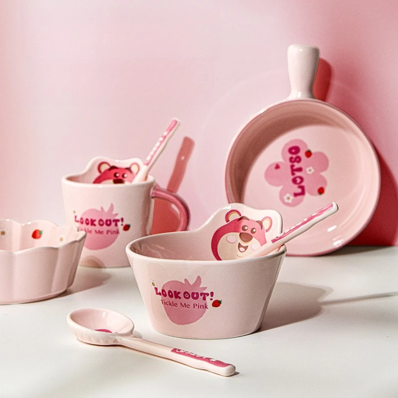 

Керамическая миска с клубничным медведем в стиле аниме. Бытовая миска для салата. Детская посуда высокого уровня, посуда для взрослых